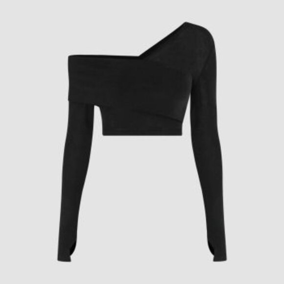 Asymmetrical off the shoulder long sleeve black crop top - Picture 3 of 3